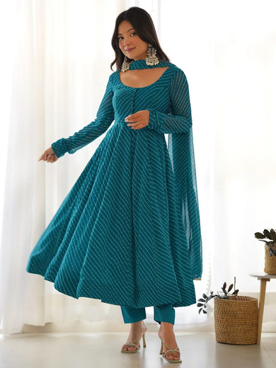 Enchanting Teal Blue Laheriya Printed Georgette Anarkali Pant Suit